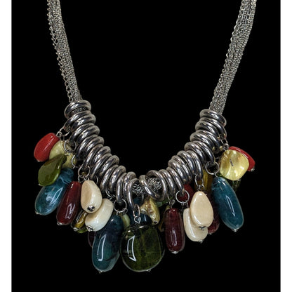 Boho NY & Co Chunky Multicolor Beaded Fringe Statement Necklace Silver Tone Layered Chain