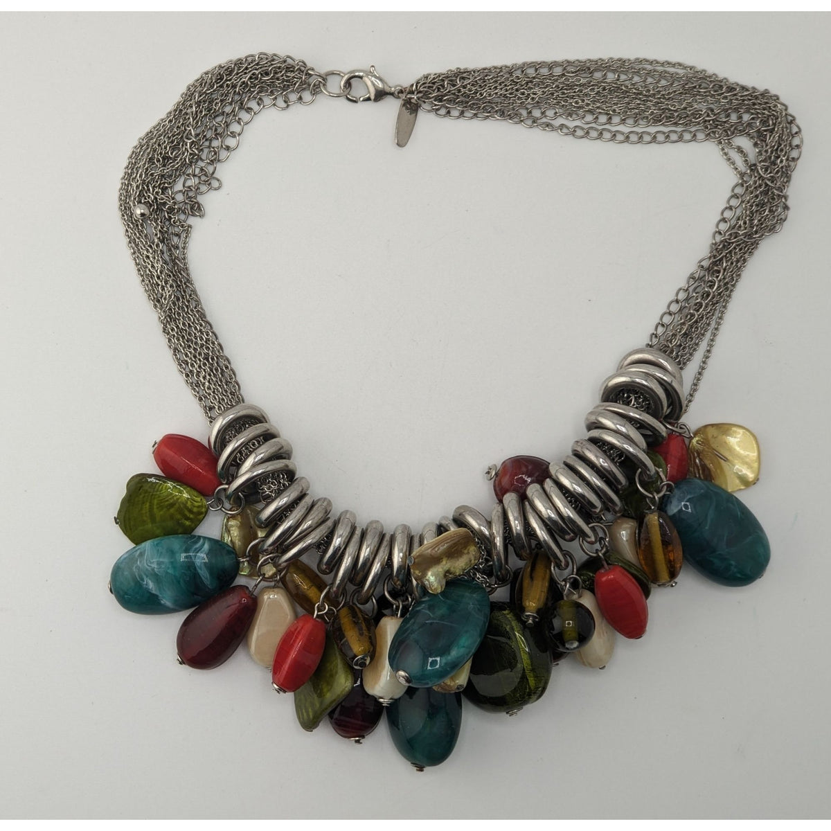 Boho NY & Co Chunky Multicolor Beaded Fringe Statement Necklace Silver Tone Layered Chain