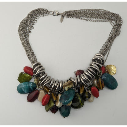 Boho NY & Co Chunky Multicolor Beaded Fringe Statement Necklace Silver Tone Layered Chain