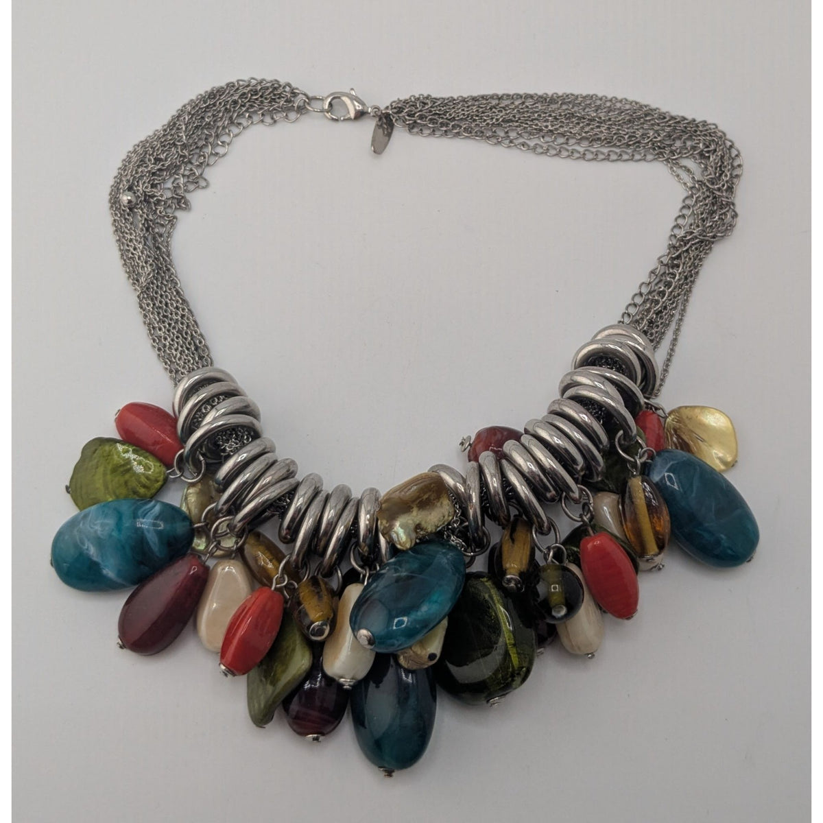 Boho NY & Co Chunky Multicolor Beaded Fringe Statement Necklace Silver Tone Layered Chain