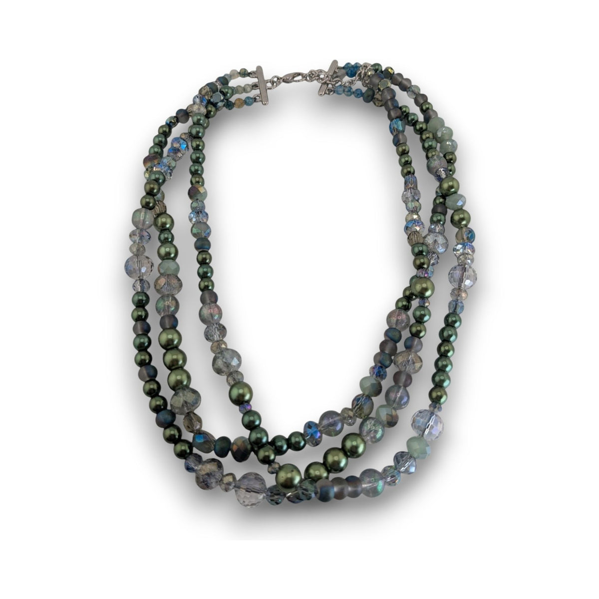 Ethereal Layered Glass Green Faux Pearl Beaded Necklace 15 Inch