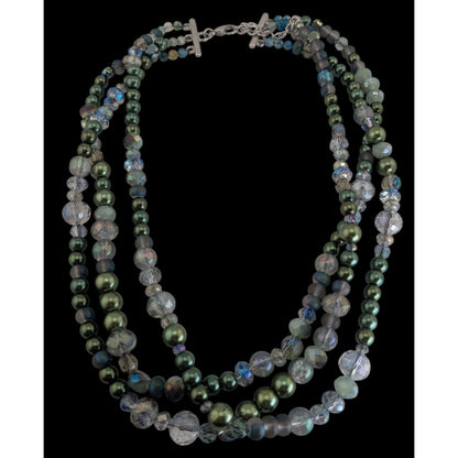 Ethereal Layered Glass Green Faux Pearl Beaded Necklace 15 Inch