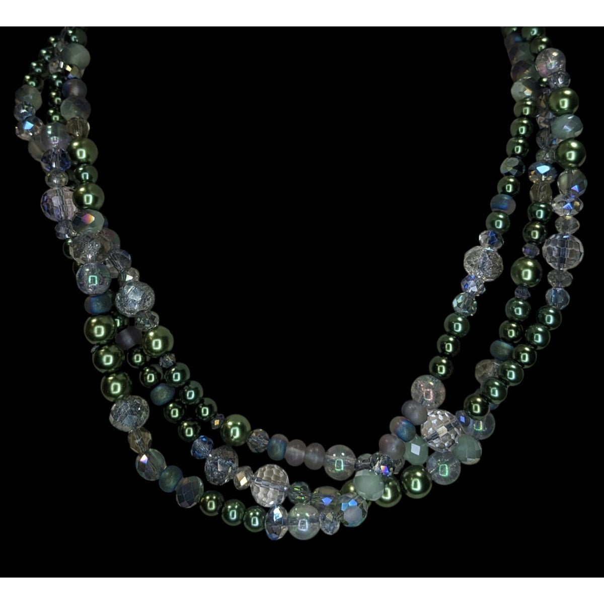 Ethereal Layered Glass Green Faux Pearl Beaded Necklace 15 Inch