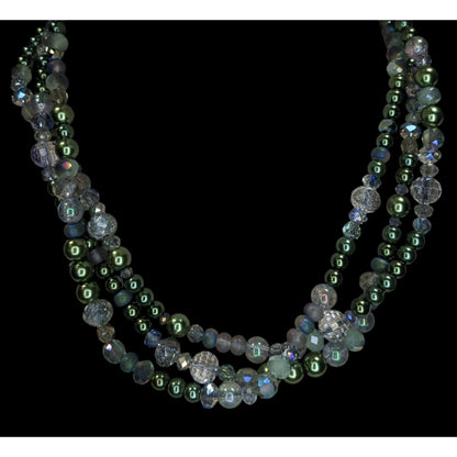 Ethereal Layered Glass Green Faux Pearl Beaded Necklace 15 Inch