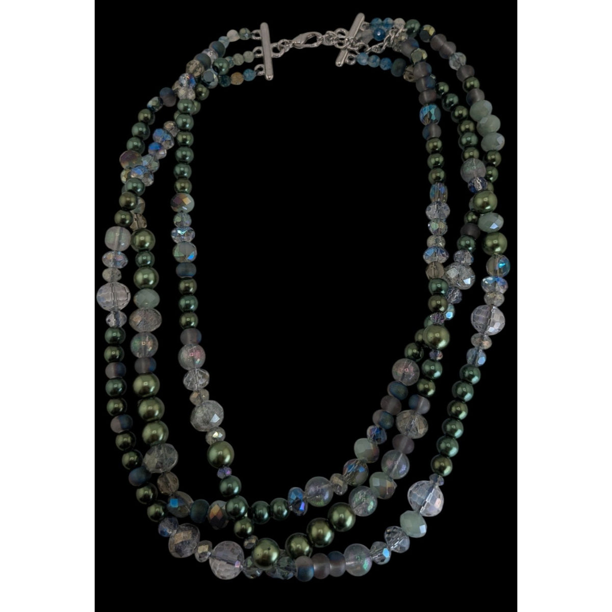 Ethereal Layered Glass Green Faux Pearl Beaded Necklace 15 Inch