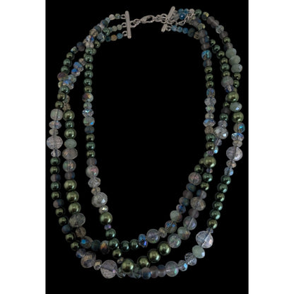 Ethereal Layered Glass Green Faux Pearl Beaded Necklace 15 Inch
