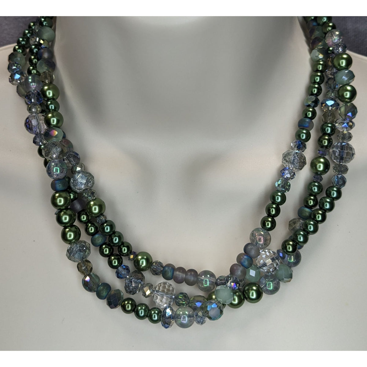 Ethereal Layered Glass Green Faux Pearl Beaded Necklace 15 Inch