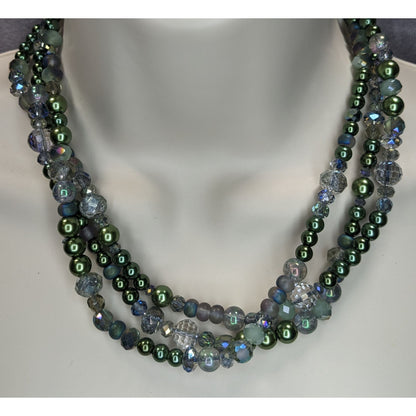 Ethereal Layered Glass Green Faux Pearl Beaded Necklace 15 Inch