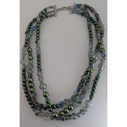 Ethereal Layered Glass Green Faux Pearl Beaded Necklace 15 Inch