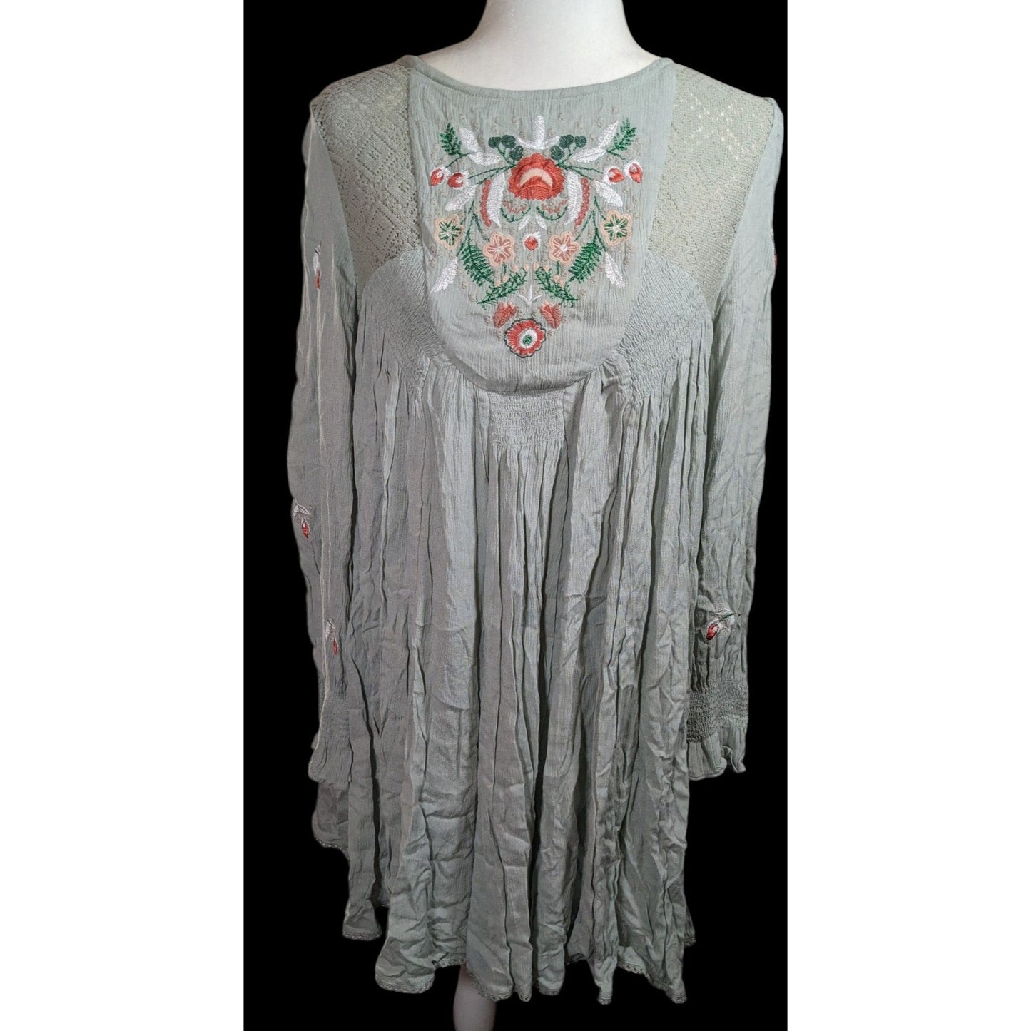 Free People Bohemian Floral Sage Dress With Embroidery