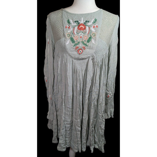 Free People Bohemian Floral Sage Dress With Embroidery