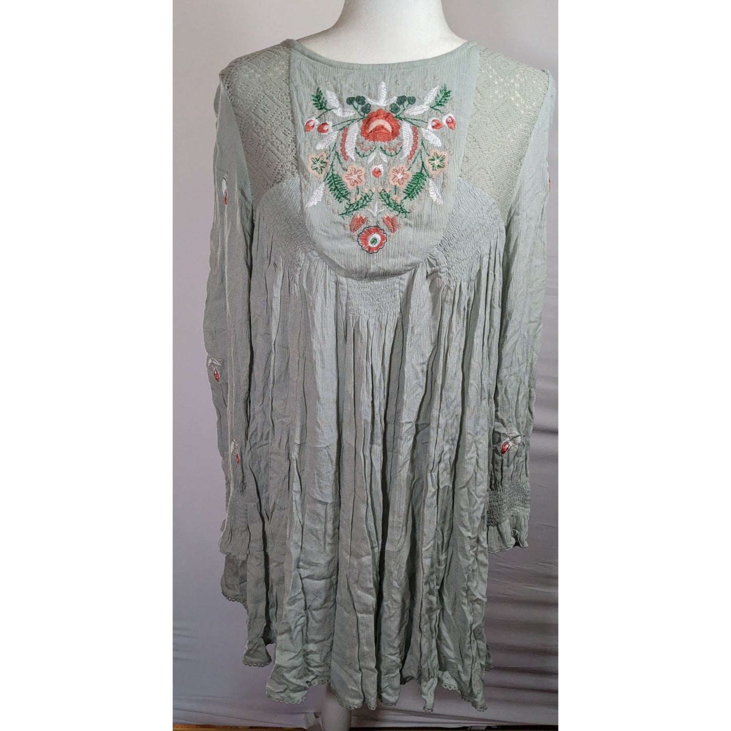 Free People Bohemian Floral Sage Dress With Embroidery