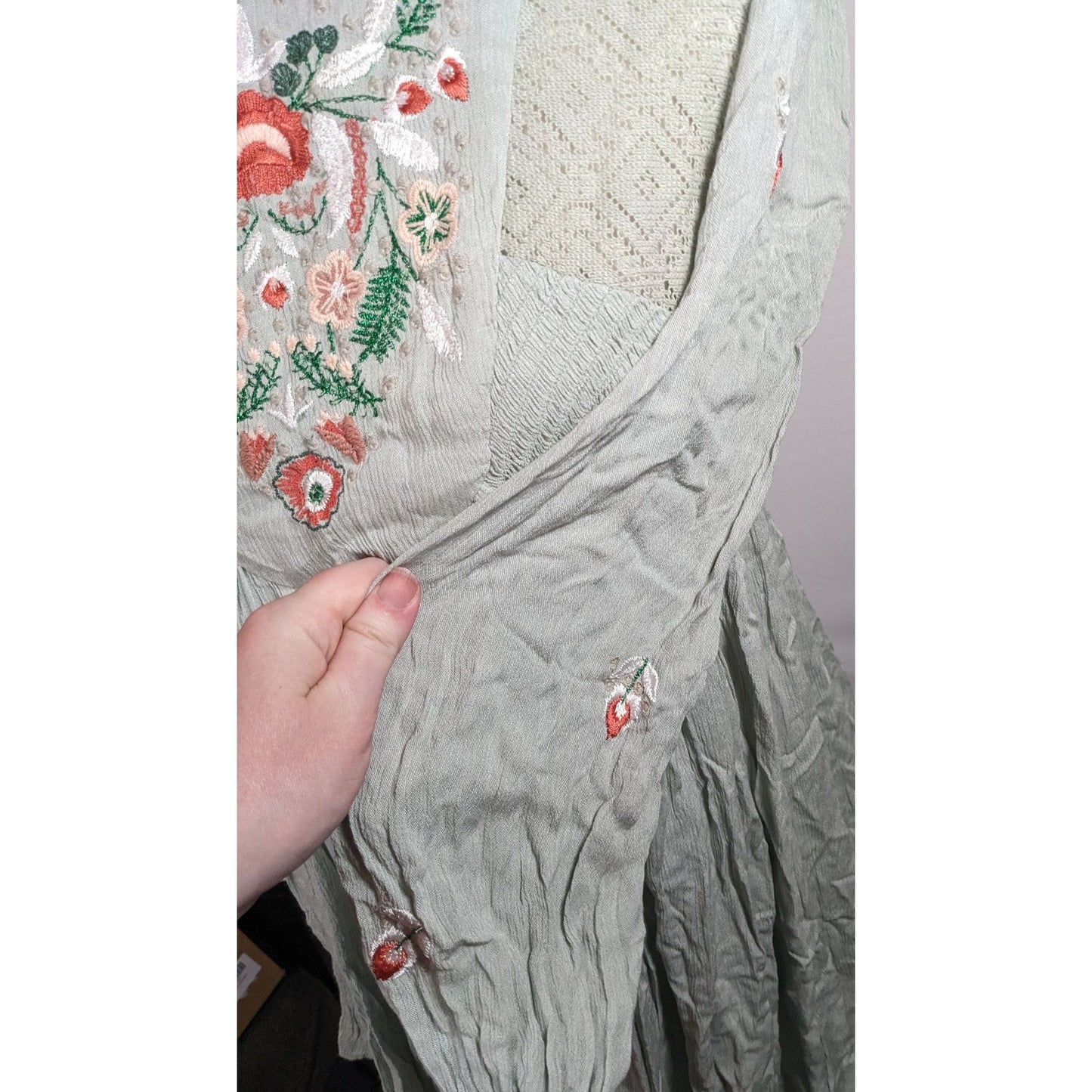 Free People Bohemian Floral Sage Dress With Embroidery