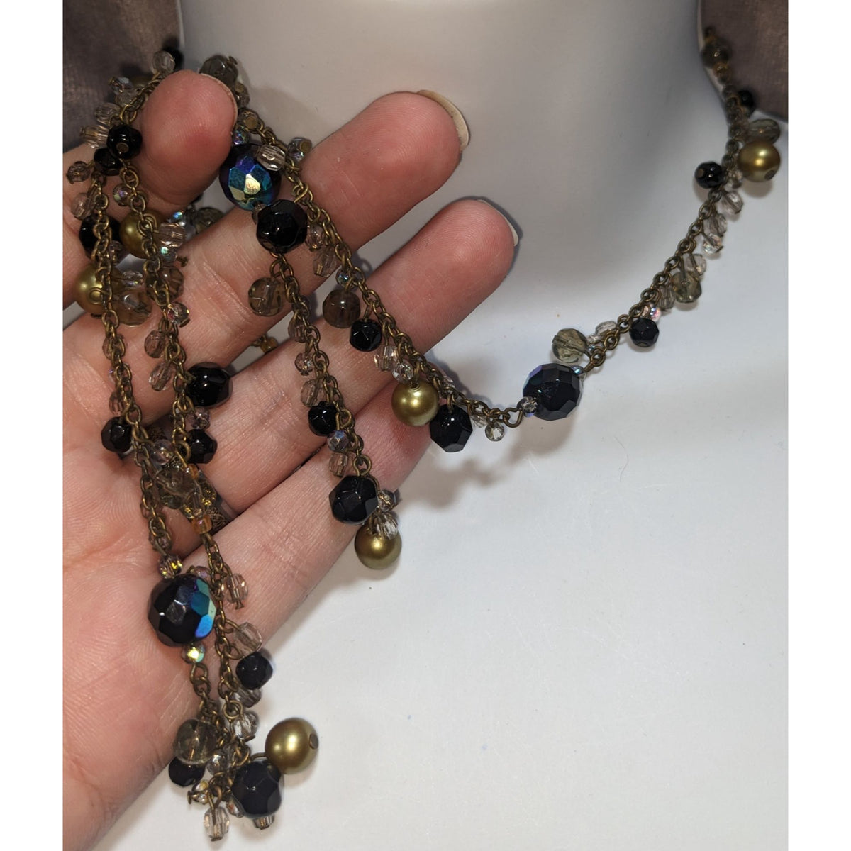 Premier Designs Vintage Glam Goth Black Gold Beaded Long Necklace 30 Inch