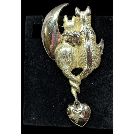 Vintage AJC Cattails Cats On the Moon Holding Tails Brooch