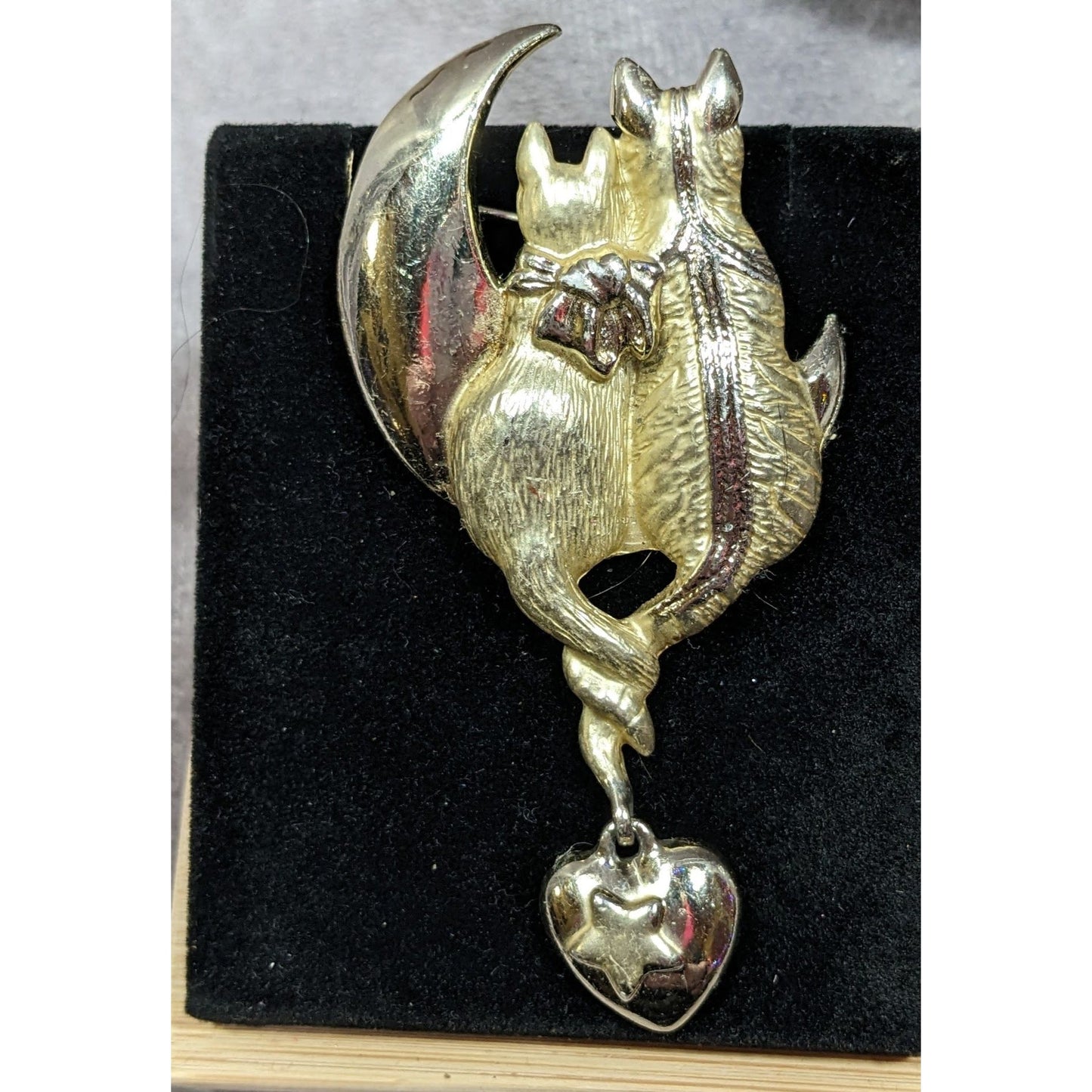 Vintage AJC Cattails Cats On the Moon Holding Tails Brooch