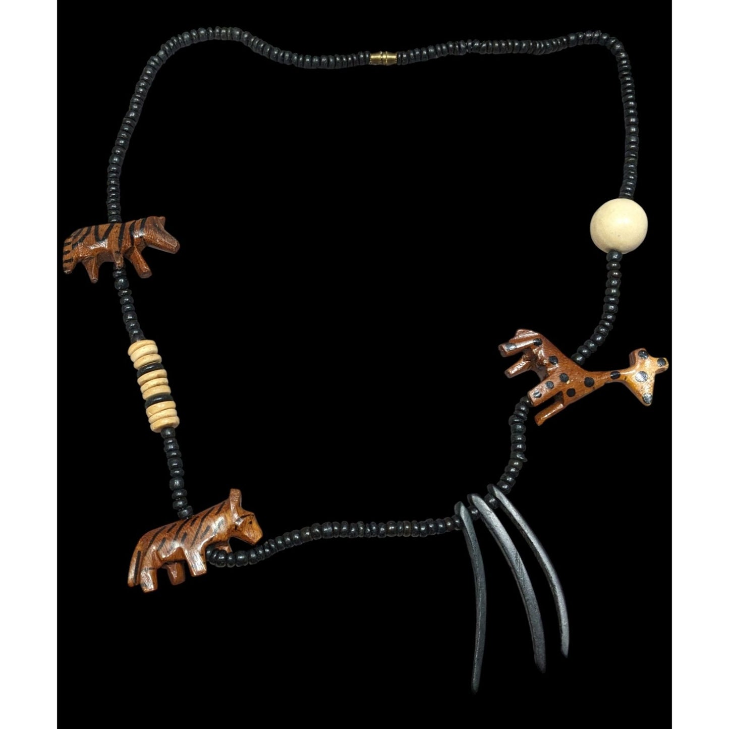 Vintage Handmade Wooden Carved African Fetish Beaded Necklace