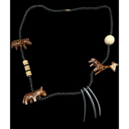 Vintage Handmade Wooden Carved African Fetish Beaded Necklace