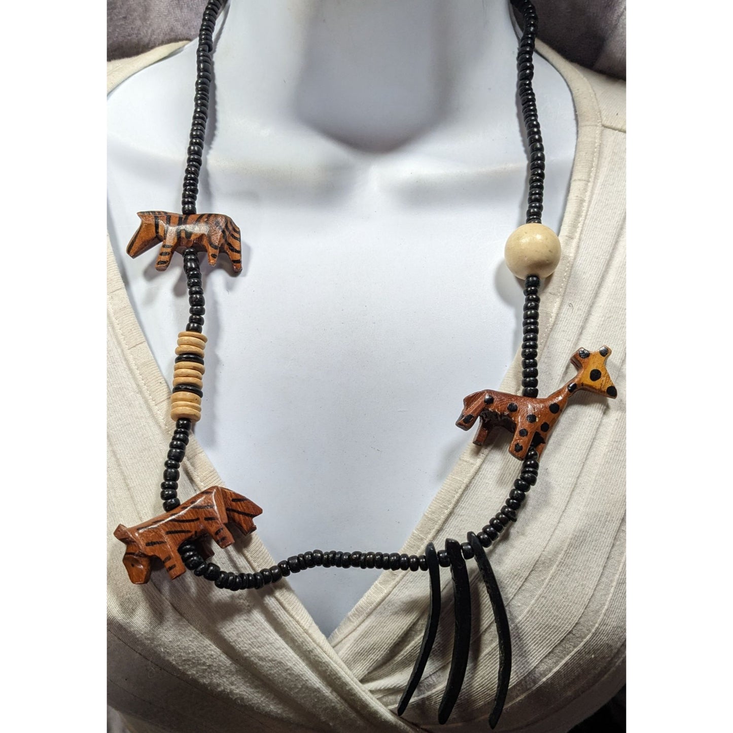 Vintage Handmade Wooden Carved African Fetish Beaded Necklace