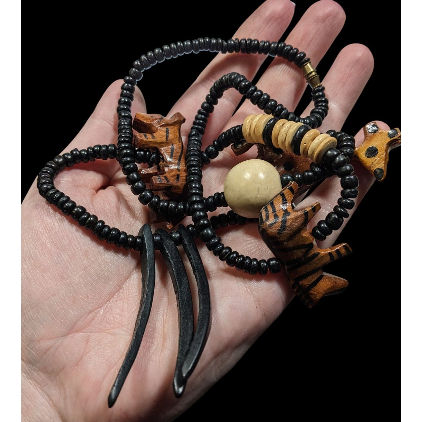 Vintage Handmade Wooden Carved African Fetish Beaded Necklace