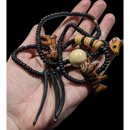 Vintage Handmade Wooden Carved African Fetish Beaded Necklace