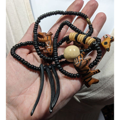Vintage Handmade Wooden Carved African Fetish Beaded Necklace