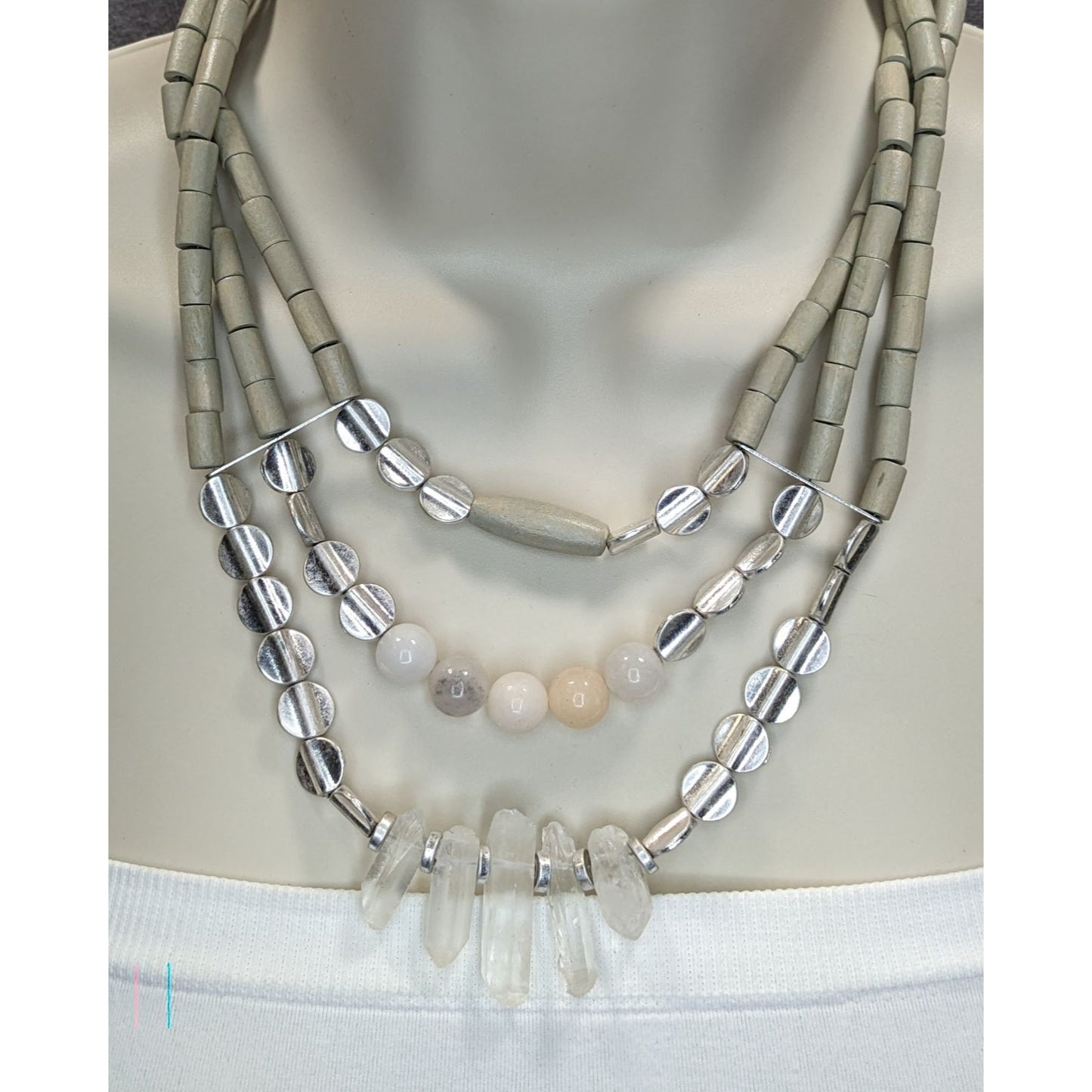 Vintage Handmade Layered Quartz Wood Beaded Necklace Gray Clear Boho Chic Jewelry