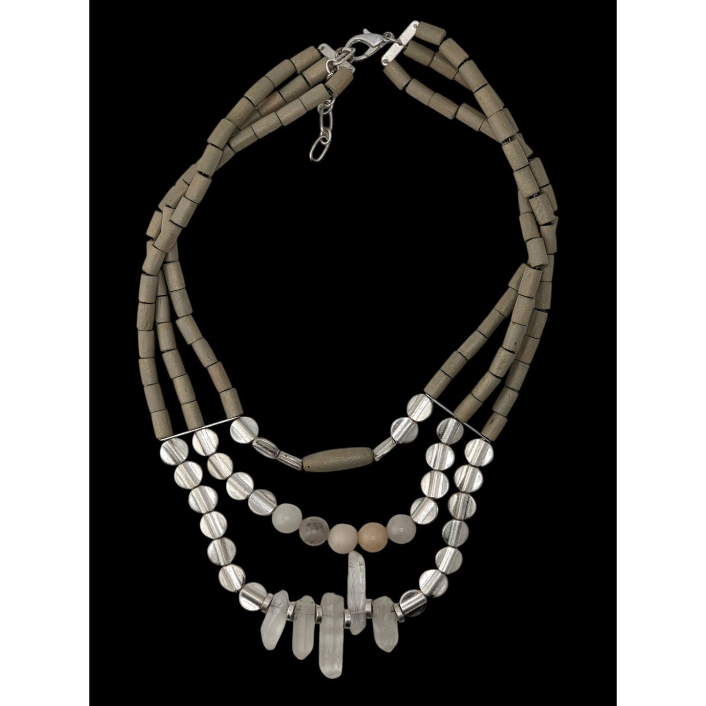 Vintage Handmade Layered Quartz Wood Beaded Necklace Gray Clear Boho Chic Jewelry