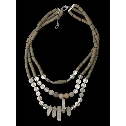 Vintage Handmade Layered Quartz Wood Beaded Necklace Gray Clear Boho Chic Jewelry