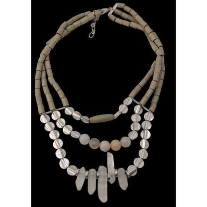 Vintage Handmade Layered Quartz Wood Beaded Necklace Gray Clear Boho Chic Jewelry