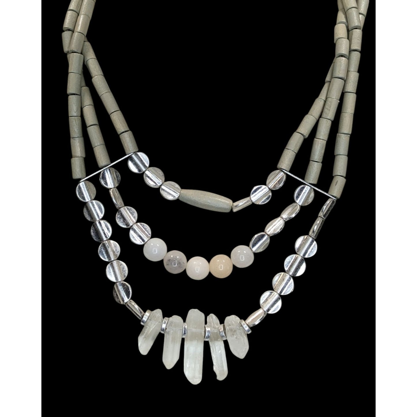 Vintage Handmade Layered Quartz Wood Beaded Necklace Gray Clear Boho Chic Jewelry