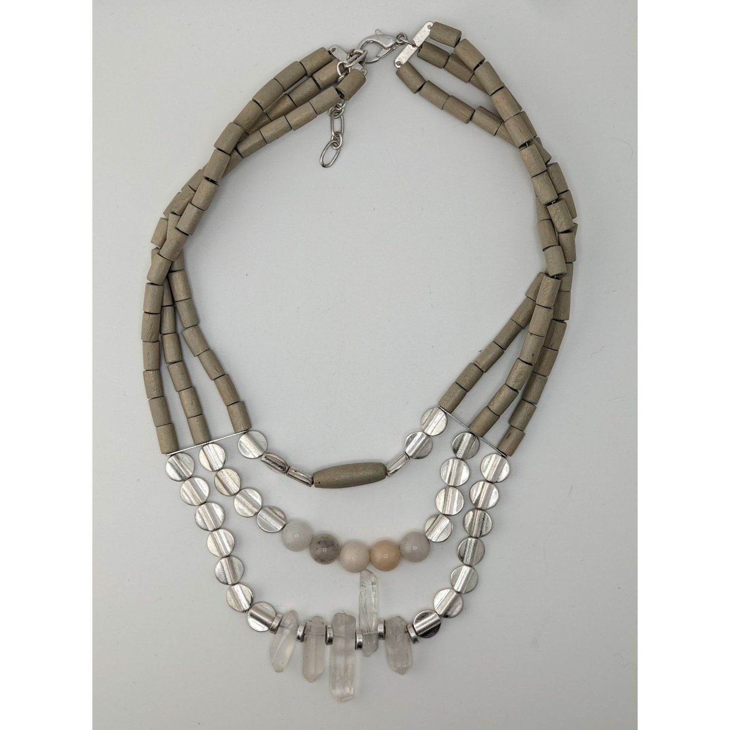 Vintage Handmade Layered Quartz Wood Beaded Necklace Gray Clear Boho Chic Jewelry