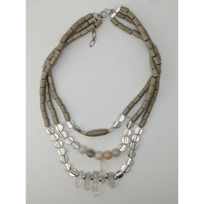Vintage Handmade Layered Quartz Wood Beaded Necklace Gray Clear Boho Chic Jewelry