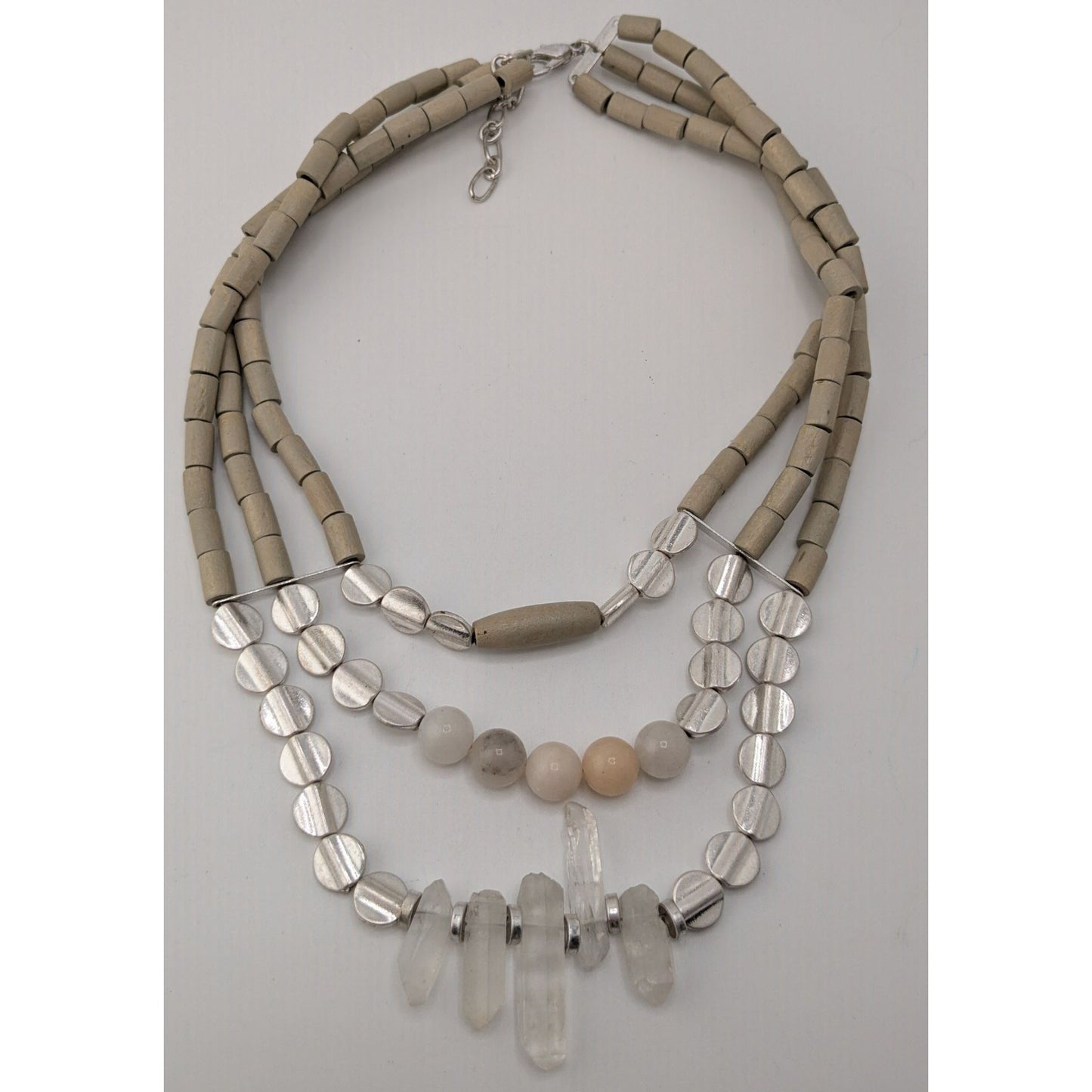 Vintage Handmade Layered Quartz Wood Beaded Necklace Gray Clear Boho Chic Jewelry
