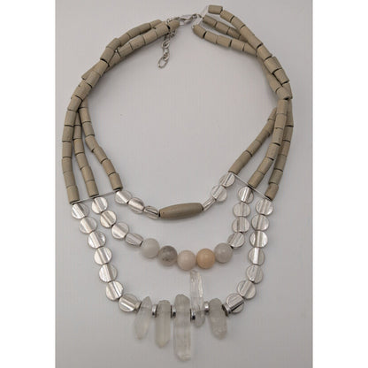 Vintage Handmade Layered Quartz Wood Beaded Necklace Gray Clear Boho Chic Jewelry