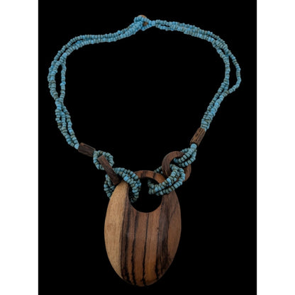 Vintage Bohemian Wood & Glass Beaded Necklace With Oval Pendant