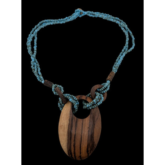 Vintage Bohemian Wood & Glass Beaded Necklace With Oval Pendant