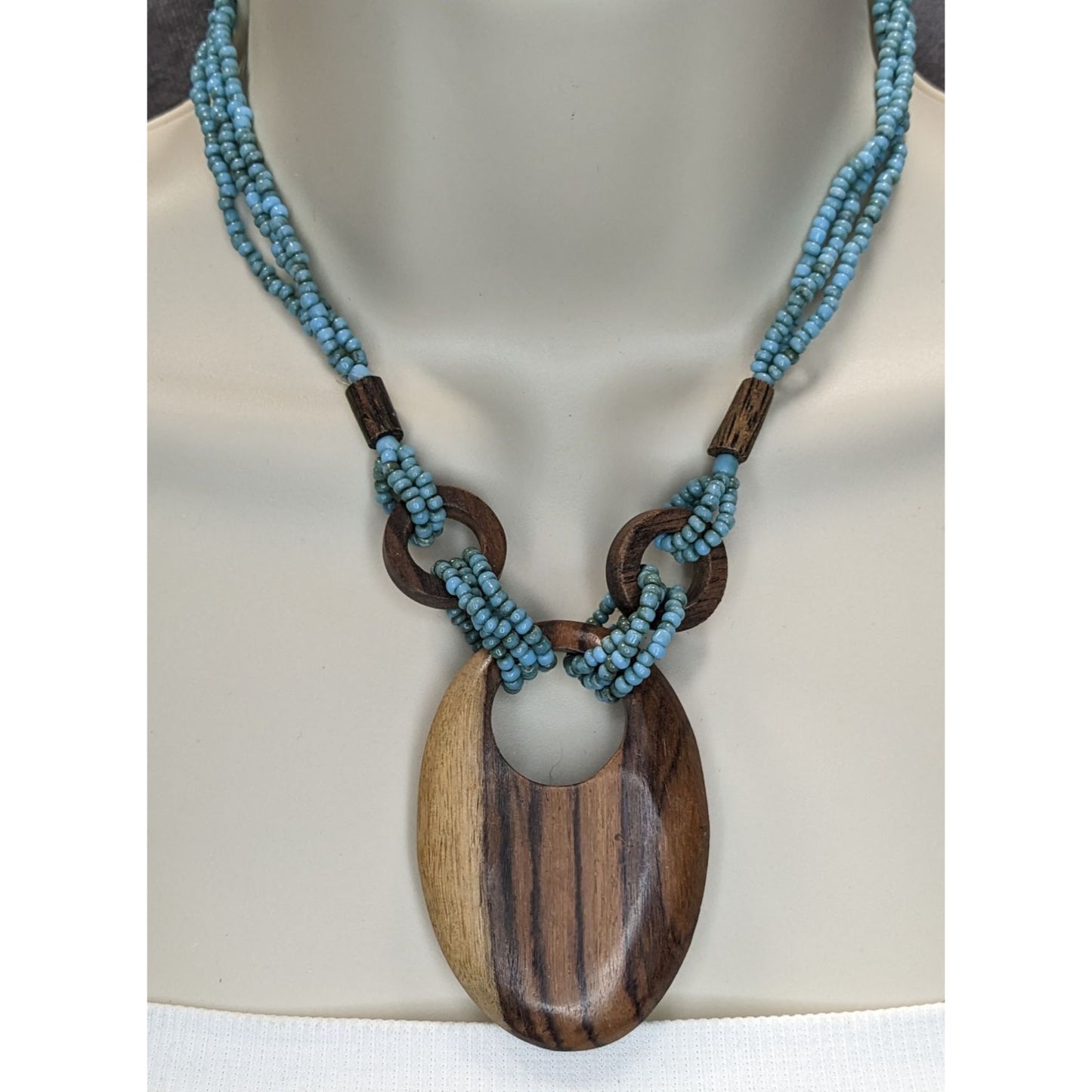 Vintage Bohemian Wood & Glass Beaded Necklace With Oval Pendant