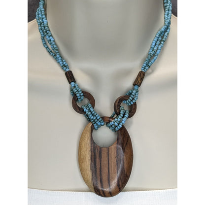 Vintage Bohemian Wood & Glass Beaded Necklace With Oval Pendant