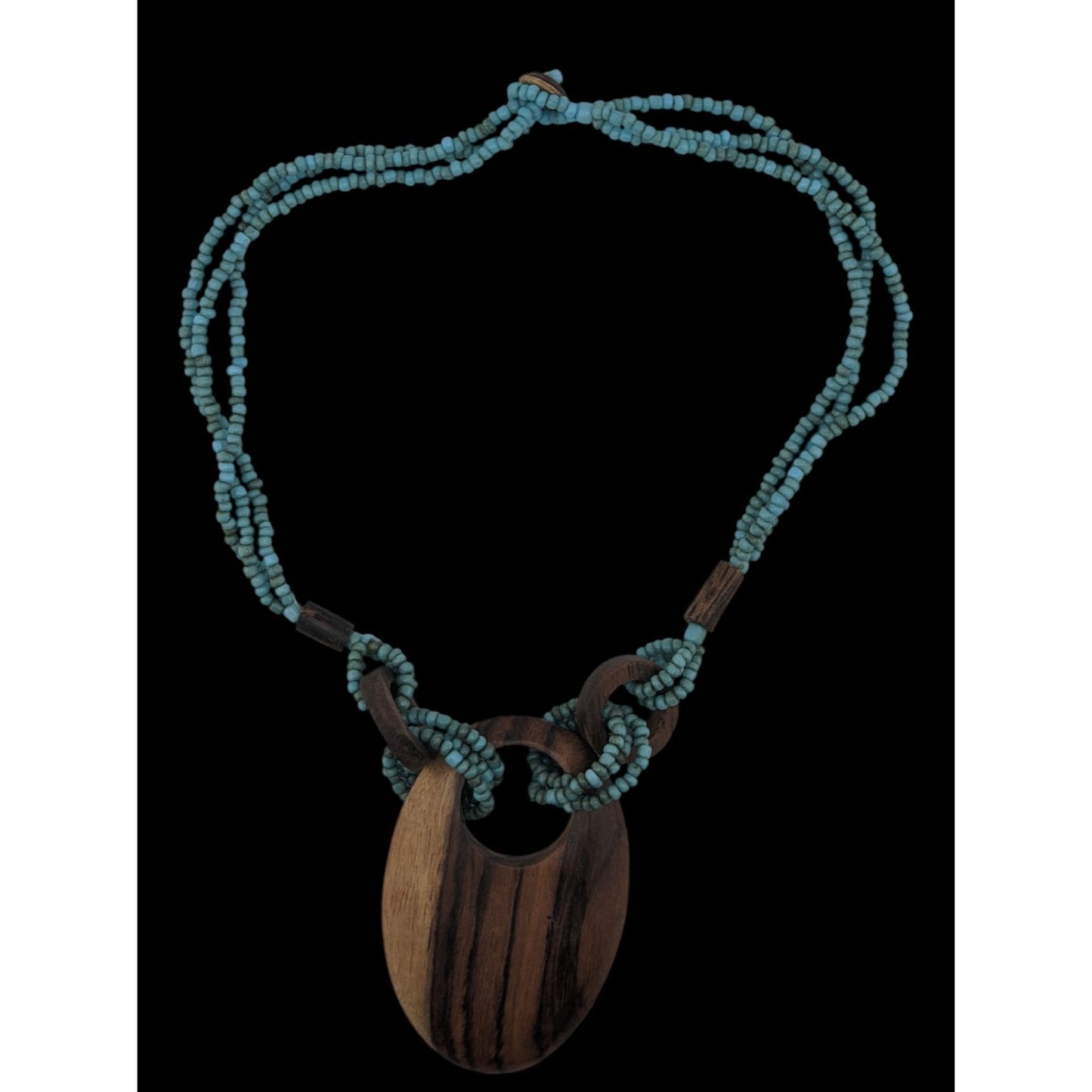 Vintage Bohemian Wood & Glass Beaded Necklace With Oval Pendant