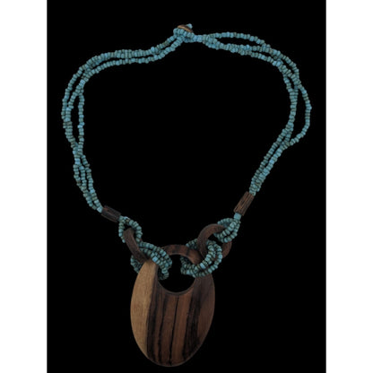 Vintage Bohemian Wood & Glass Beaded Necklace With Oval Pendant