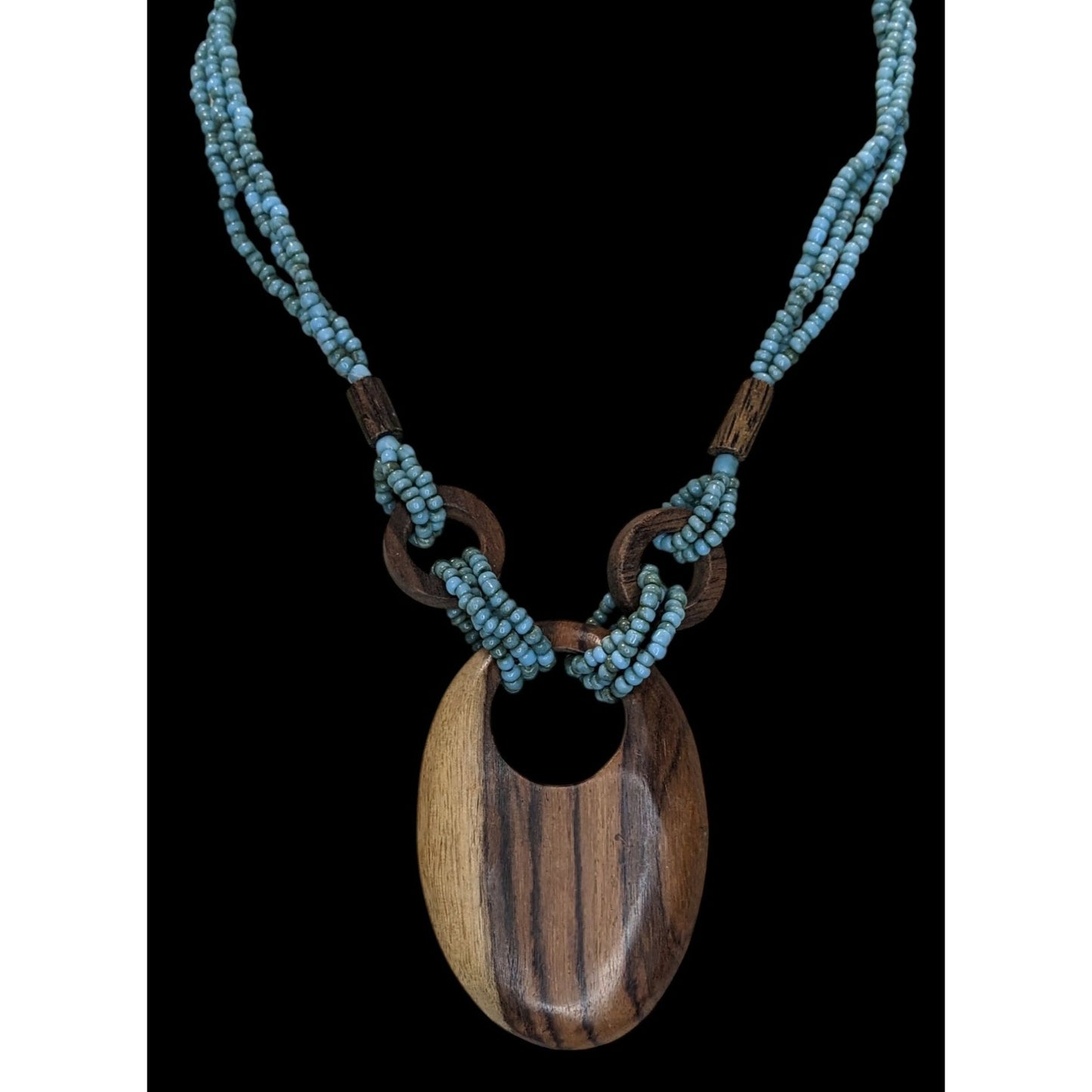 Vintage Bohemian Wood & Glass Beaded Necklace With Oval Pendant