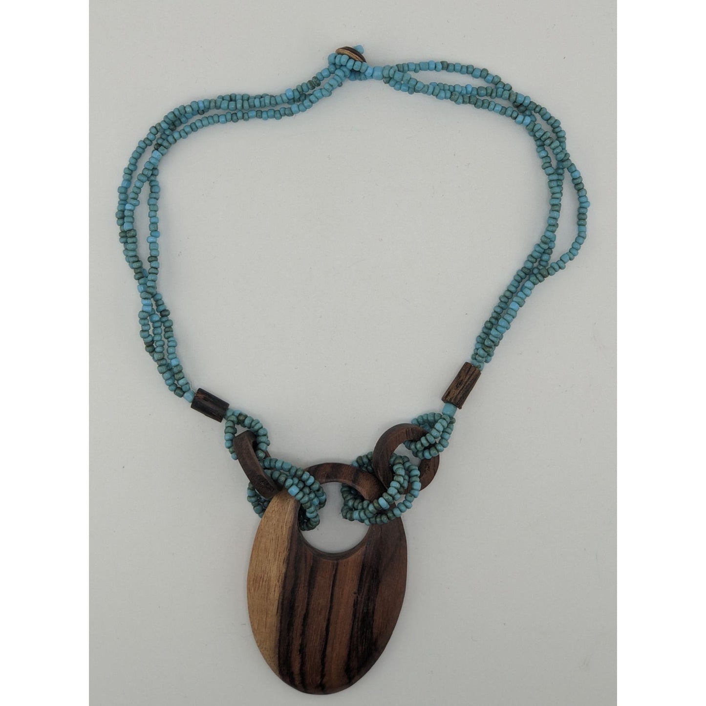 Vintage Bohemian Wood & Glass Beaded Necklace With Oval Pendant