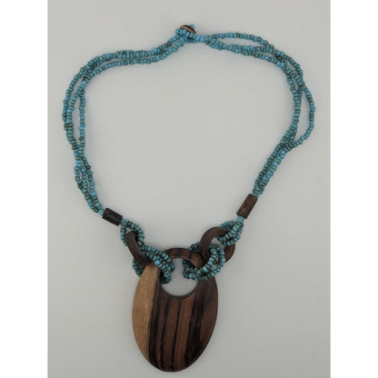 Vintage Bohemian Wood & Glass Beaded Necklace With Oval Pendant