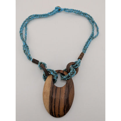 Vintage Bohemian Wood & Glass Beaded Necklace With Oval Pendant