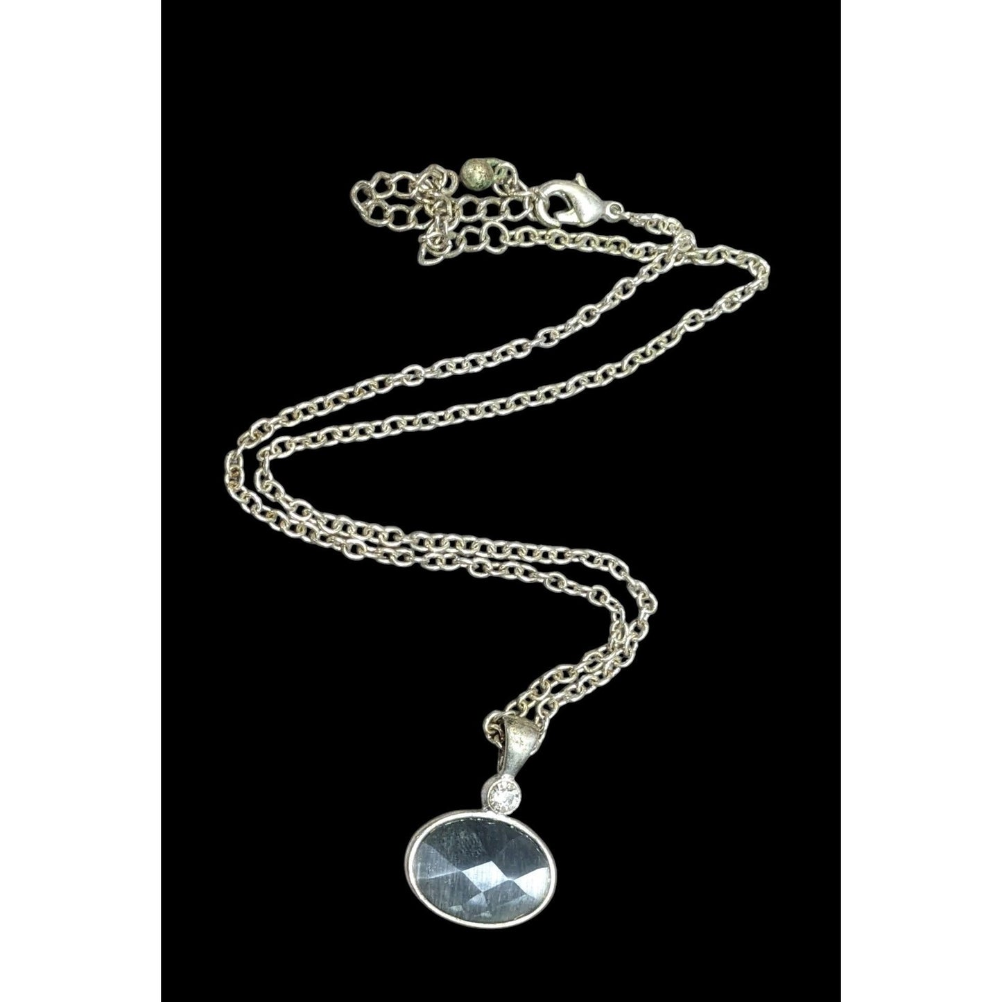 Whimsical Grey Faceted Cat Eye Glass Pendant Necklace With Rhinestone Accent