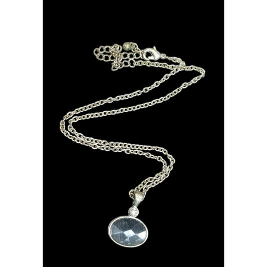 Whimsical Grey Faceted Cat Eye Glass Pendant Necklace With Rhinestone Accent