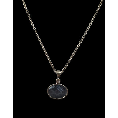 Whimsical Grey Faceted Cat Eye Glass Pendant Necklace With Rhinestone Accent