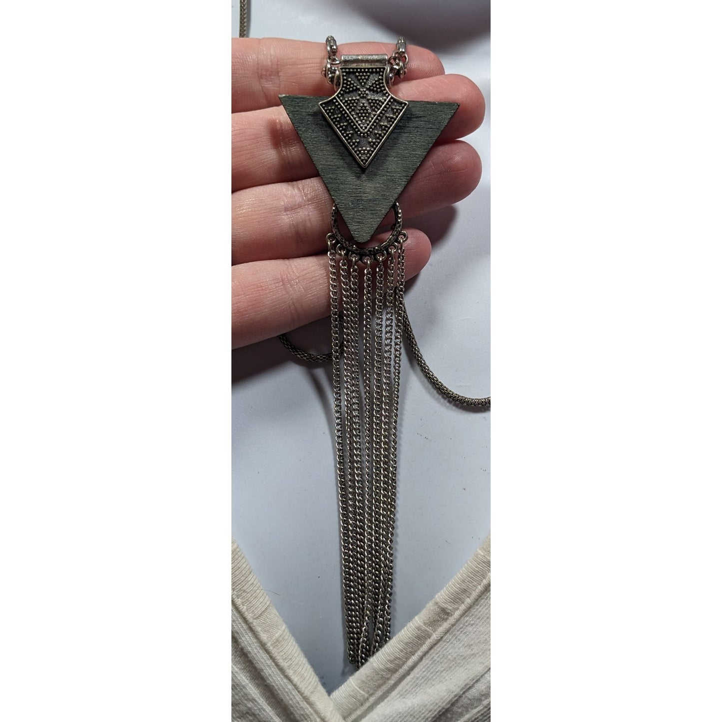 Southwestern Arrow And Chain Tassel Wood And Metal Necklace