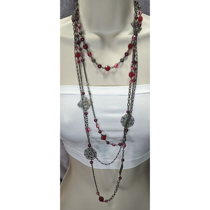 Vintage Venezia Jeans Multi-Strand Long Necklace With Red And Pink Beads And Floral Accents
